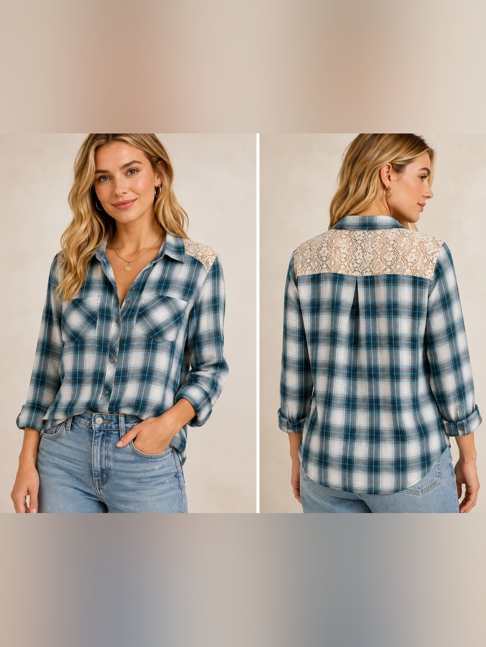 Democracy Shirt Womens XL
Blue Button-Up Tunic Plaid Lace Back Top.